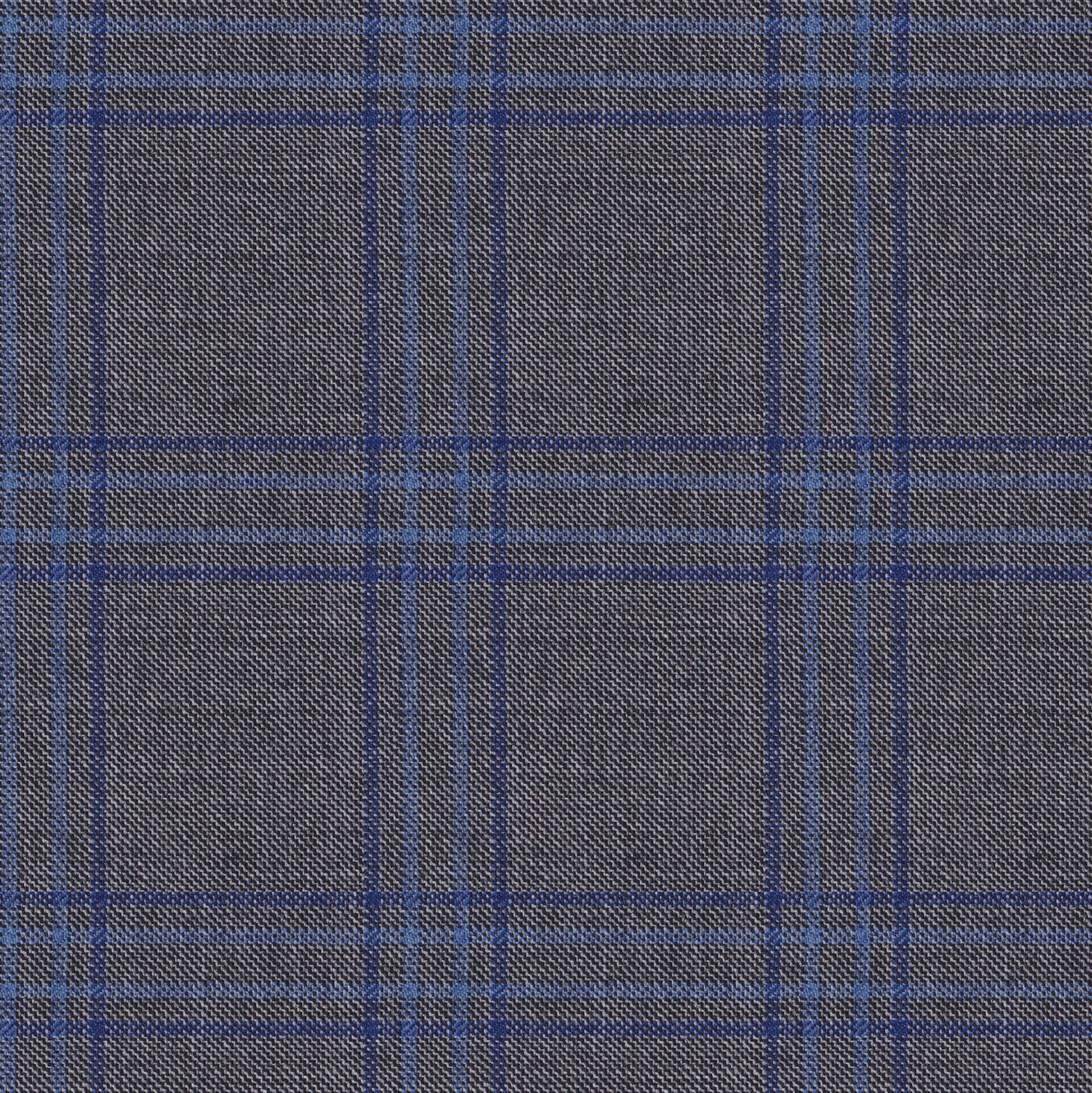Shivas Grey \u0026 Blue Worsted Checks Merino Wool Suiting Fabric (74463-02), image size:2948x2952