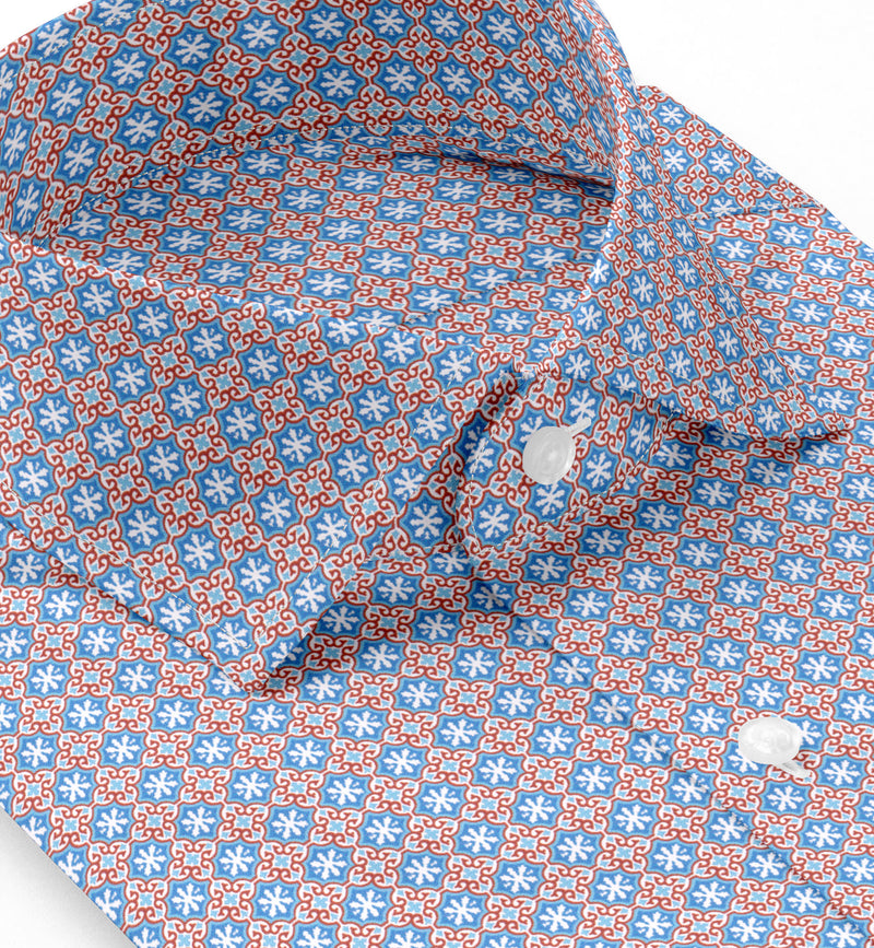 Image of a Blue & Orange Satin Prints Giza Cotton Shirting Fabric