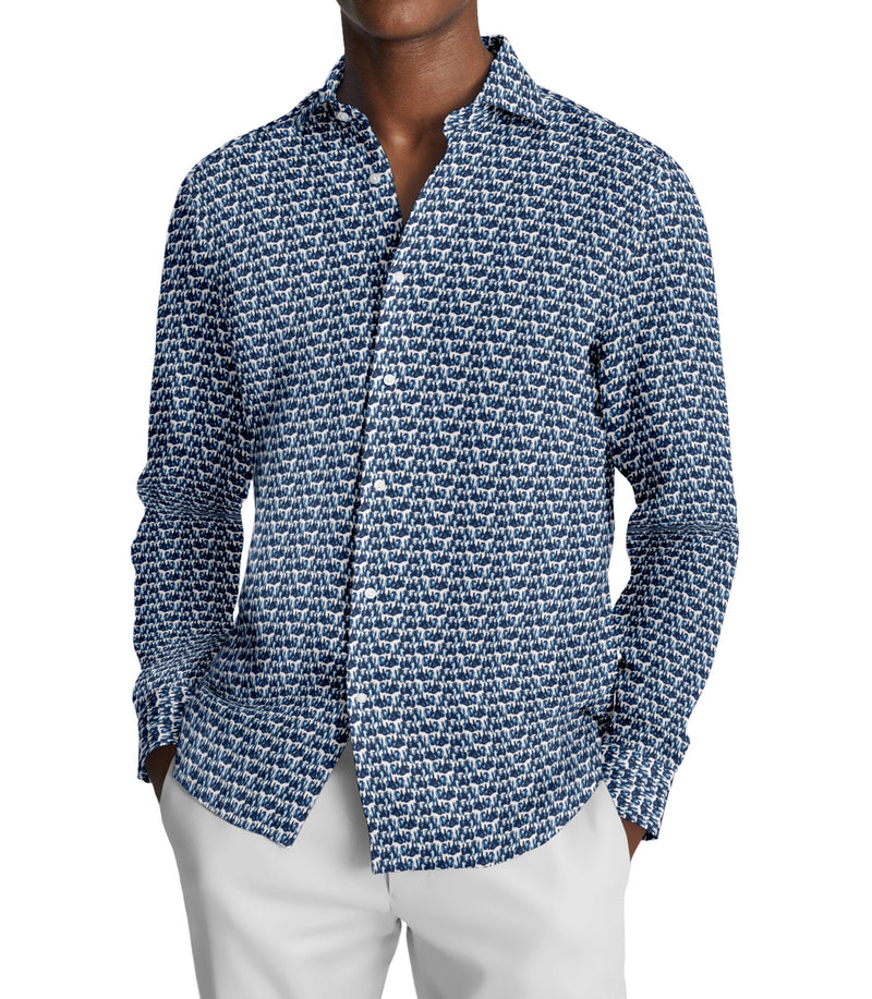Image of a Blue & White Satin Prints Giza Cotton Shirting Fabric