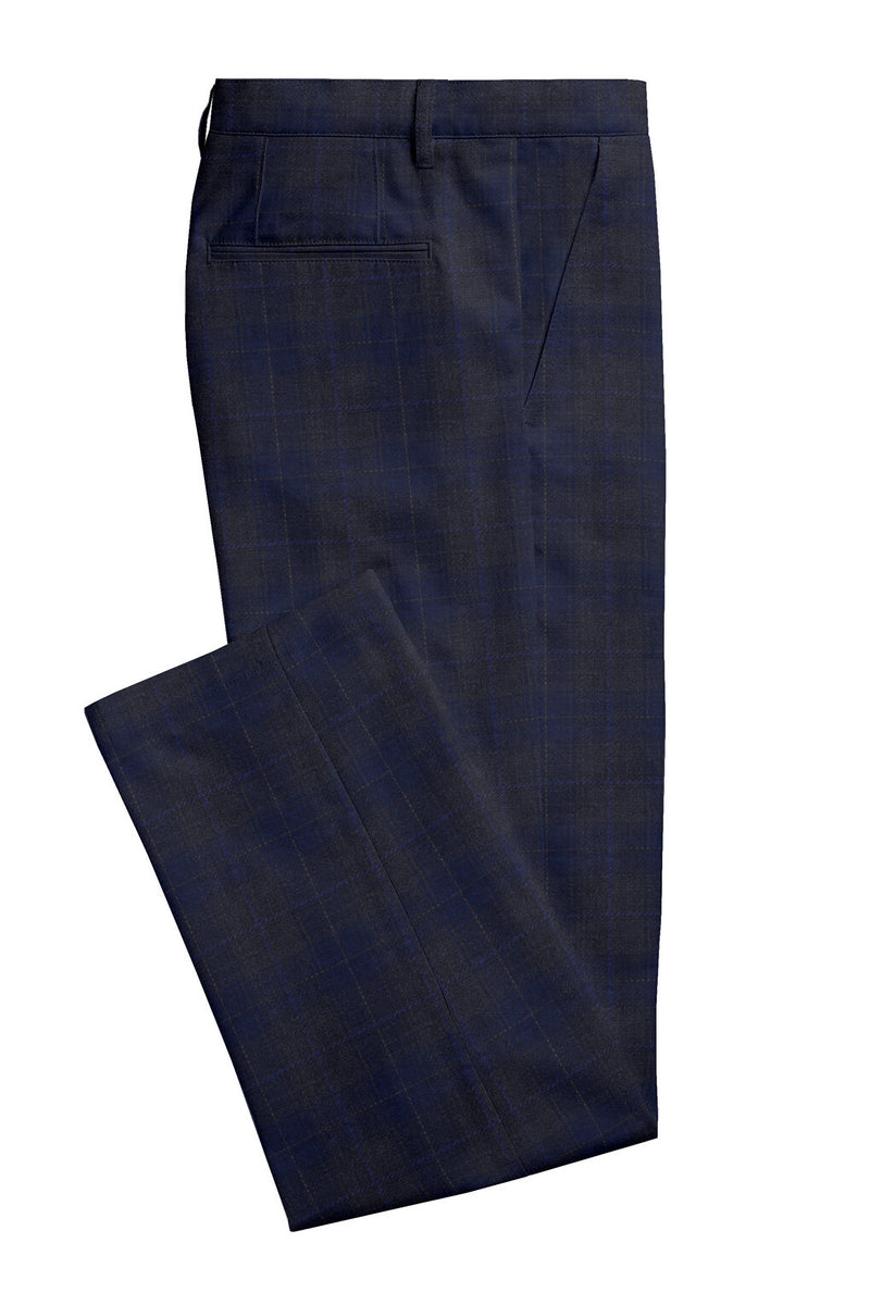 Image of a Charcoal & Navy-Blue Worsted Checks Merino Wool Pants Fabric