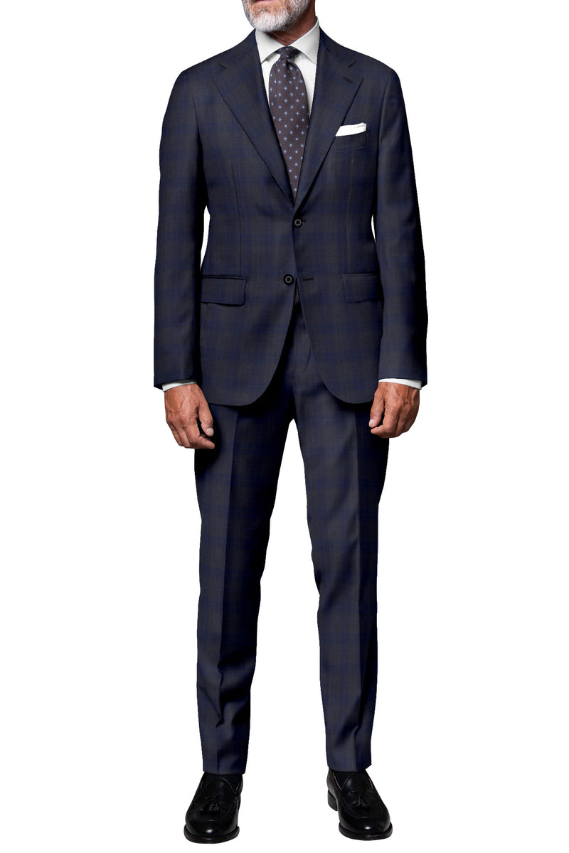 Image of a Charcoal & Navy-Blue Worsted Checks Merino Wool Pants Fabric