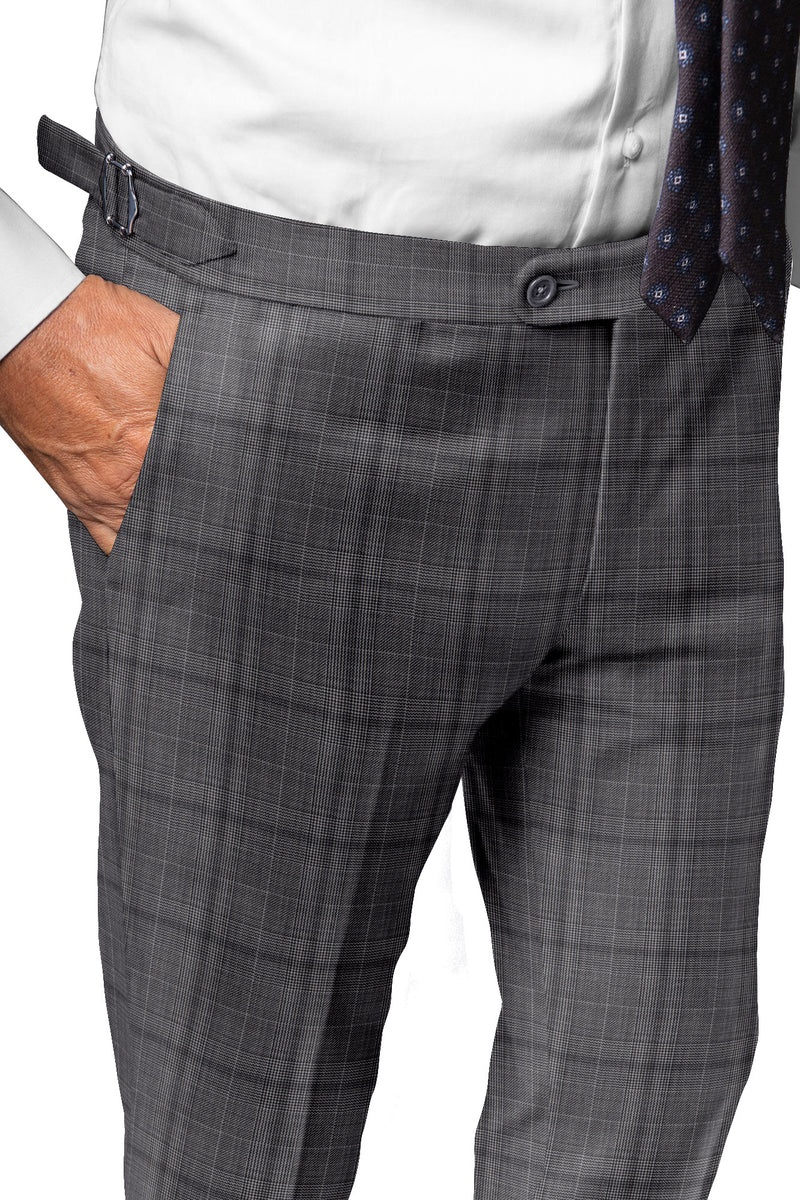 Image of a Grey & Black Worsted Checks Merino Wool Pants Fabric