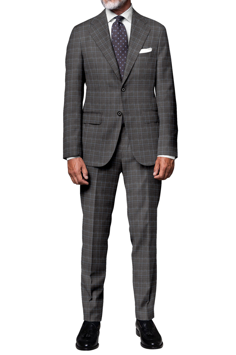 Image of a Grey & Sky-Blue Worsted Checks Merino Wool Suiting Fabric