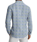 Image of a Mid-Blue & Lime End on End Prints Cotton Linen Blend Shirting Fabric