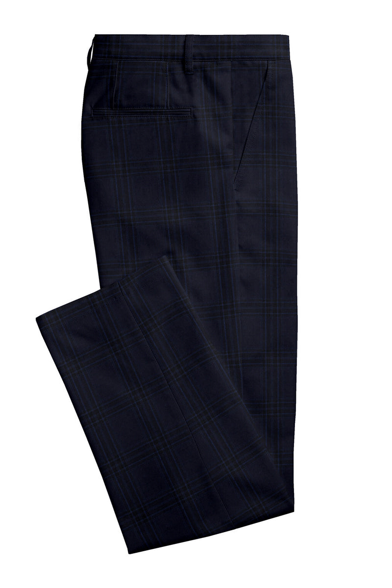 Image of a Navy-Blue & Black Worsted Checks Merino Wool Pants Fabric