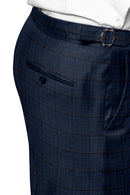 Image of a Navy-Blue & Sky-Blue Worsted Checks Merino Wool Pants Fabric
