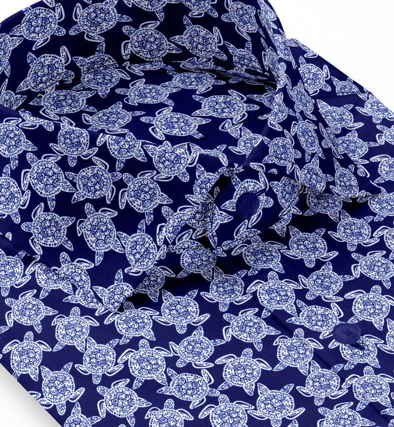 Image of a Navy-Blue & White Satin Prints Giza Cotton Shirting Fabric