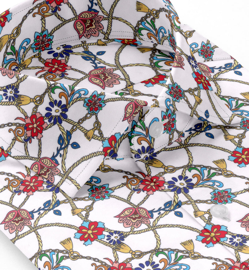Image of a Red & Blue Satin Prints Giza Cotton Shirting Fabric