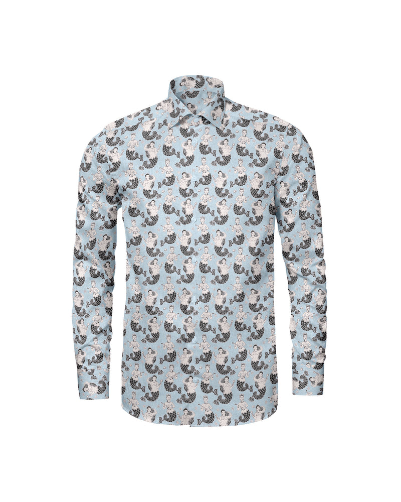 Image of a Sky-Blue & Charcoal End on End Prints Cotton Linen Blend Shirting Fabric