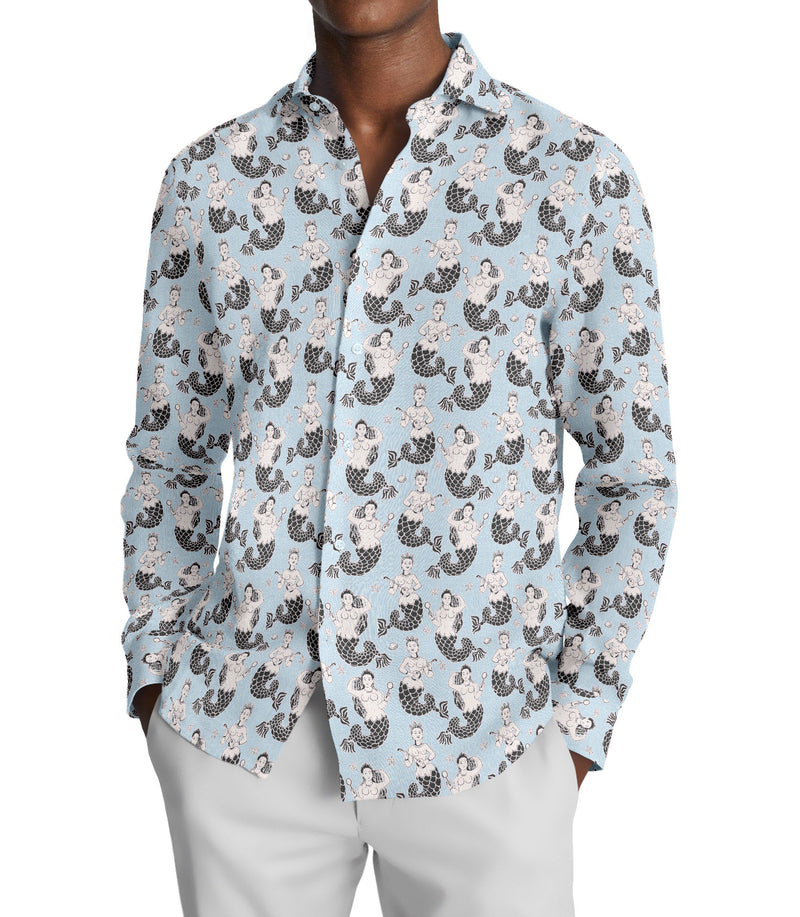 Image of a Sky-Blue & Charcoal End on End Prints Cotton Linen Blend Shirting Fabric