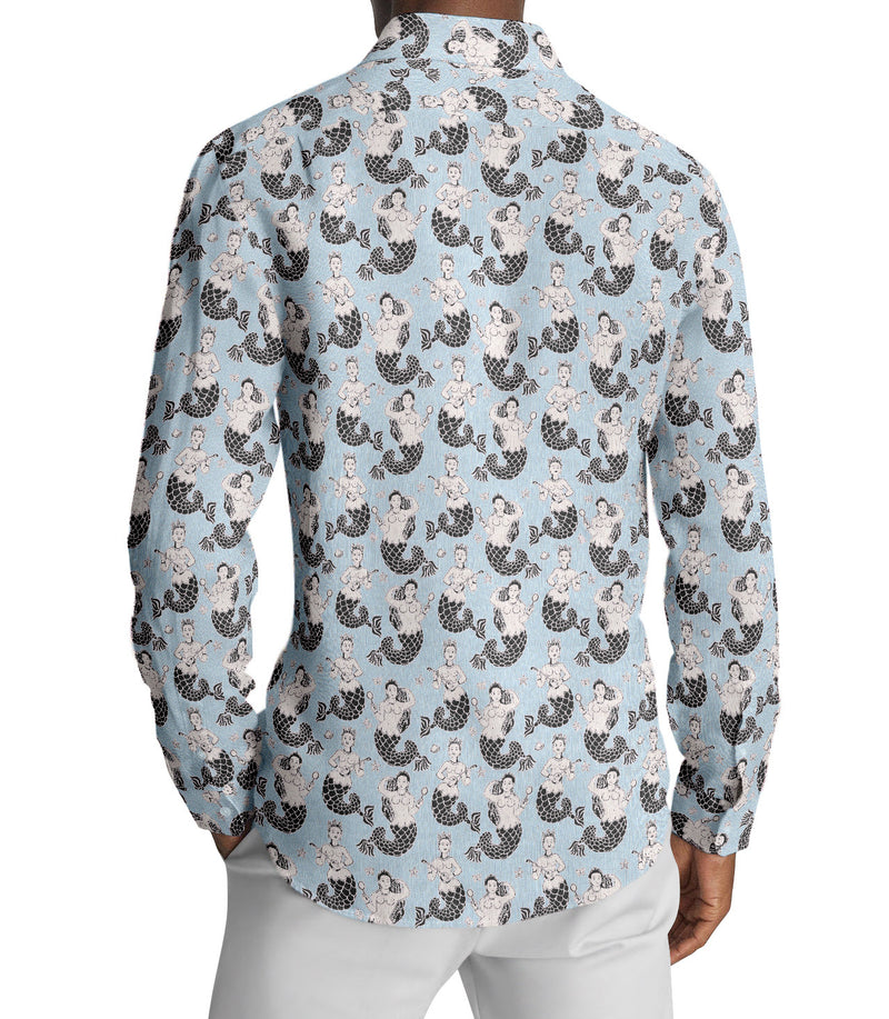 Image of a Sky-Blue & Charcoal End on End Prints Cotton Linen Blend Shirting Fabric