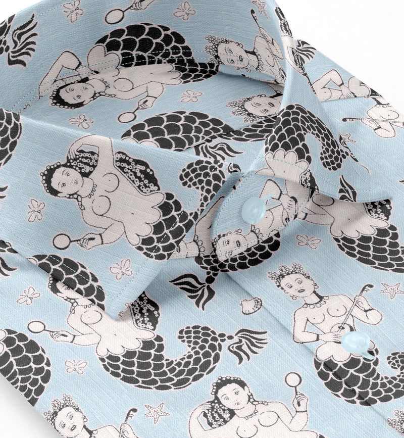 Image of a Sky-Blue & Charcoal End on End Prints Cotton Linen Blend Shirting Fabric