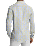 Image of a Sky-Blue & Green End on End Prints Cotton Linen Blend Shirting Fabric