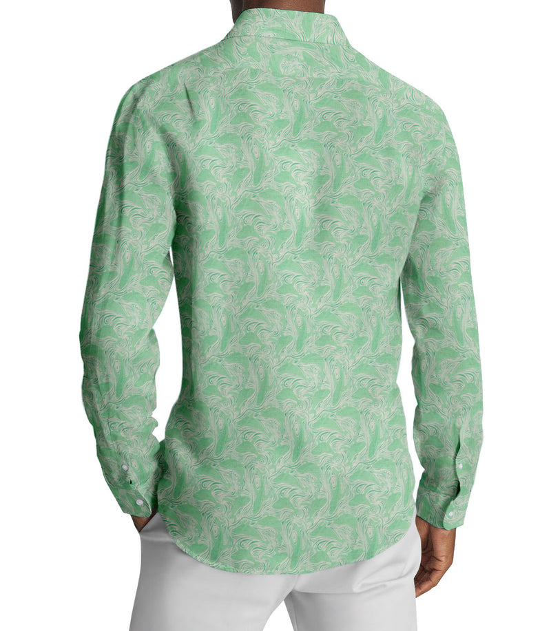 Image of a White & Green End on End Prints Cotton Linen Blend Shirting Fabric