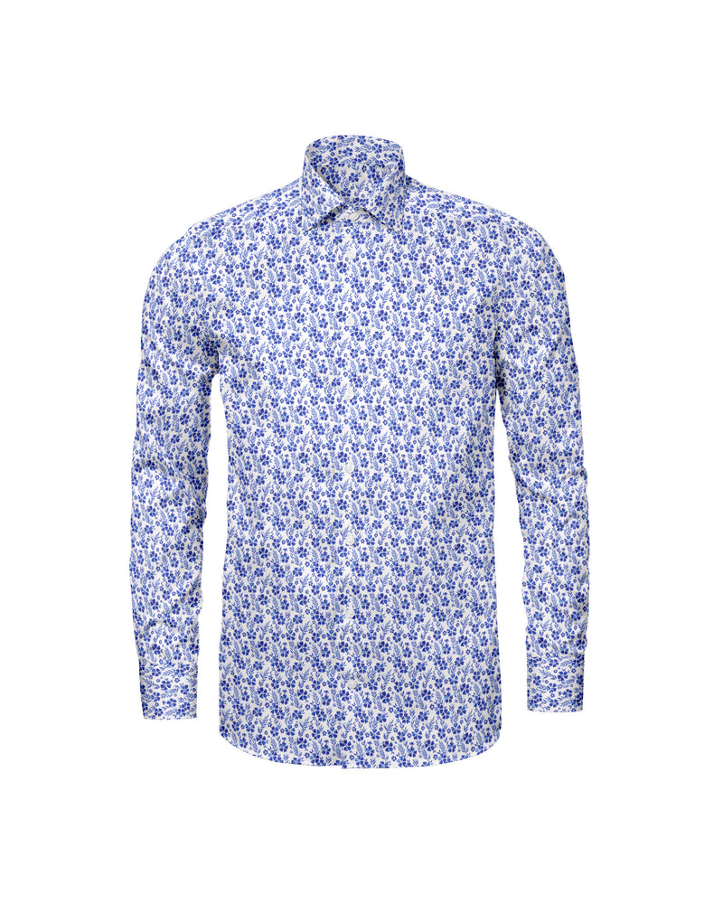 Image of a White & Mid-Blue End on End Prints Cotton Linen Blend Shirting Fabric