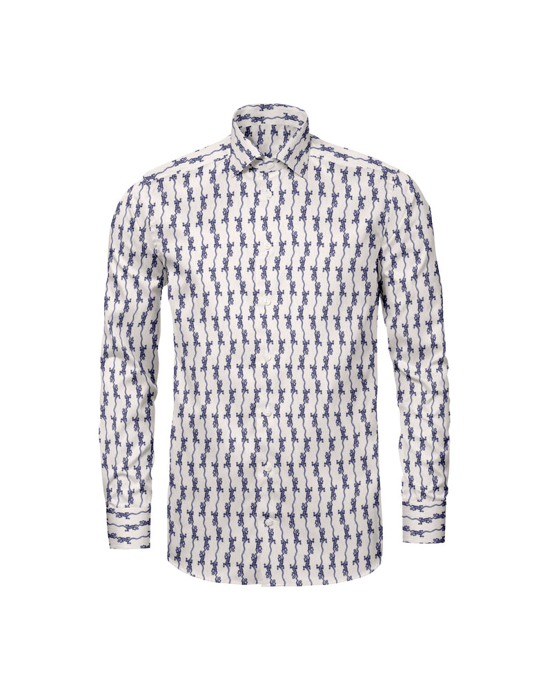 Image of a White & Navy-Blue End on End Prints Cotton Linen Blend Shirting Fabric