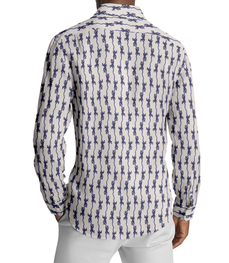 Image of a White & Navy-Blue End on End Prints Cotton Linen Blend Shirting Fabric