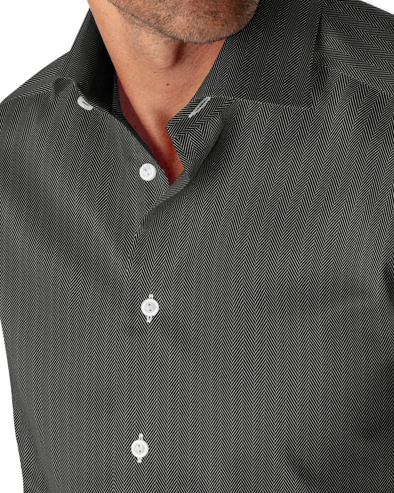 Image of a Black & White Herringbone Micropattern Giza Cotton Shirting Fabric