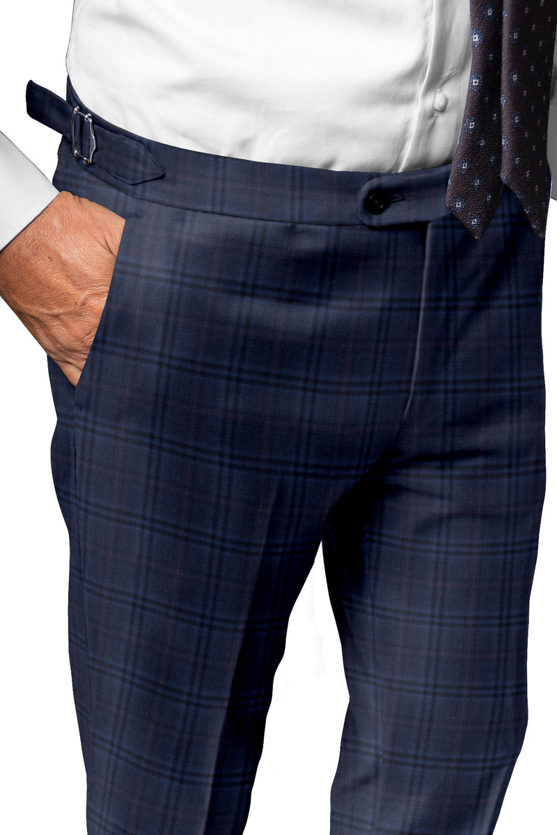 Image of a Blue & Black Worsted Checks Merino Wool Pants Fabric