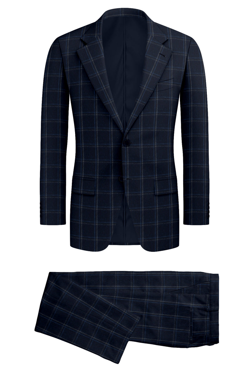 Image of a Blue & Grey Flannel Checks Merino Wool Suiting Fabric