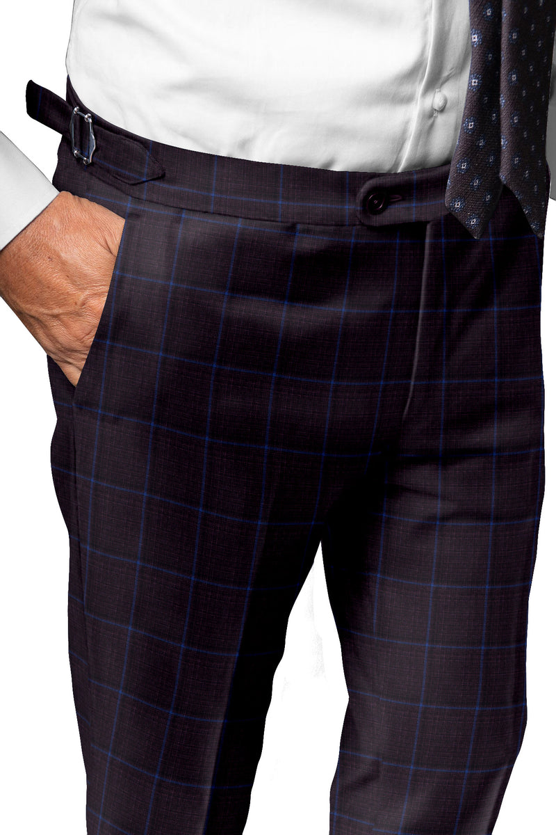 Image of a Burgundy & Blue Worsted Checks Merino Wool Pants Fabric