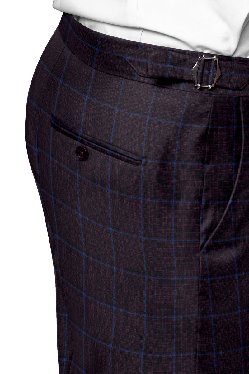 Image of a Burgundy & Blue Worsted Checks Merino Wool Pants Fabric