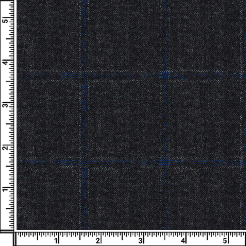 Image of a Charcoal & Blue Flannel Checks Merino Wool Suiting Fabric