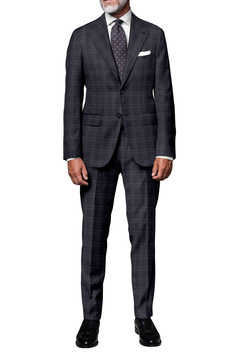 Image of a Grey & Blue Worsted Checks Merino Wool Pants Fabric