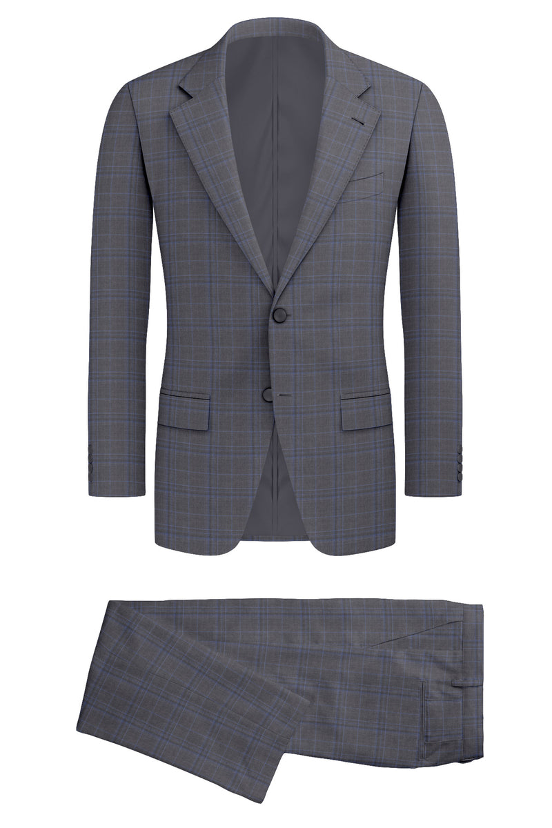Image of a Grey & Blue Worsted Checks Merino Wool Suiting Fabric