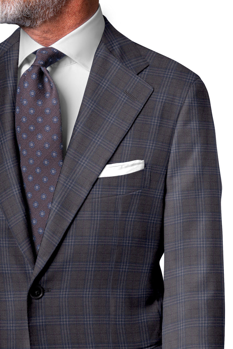 Image of a Grey & Blue Worsted Checks Merino Wool Suiting Fabric