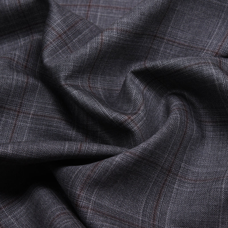 Image of a Grey & Burgundy Worsted Checks Merino Wool Suiting Fabric