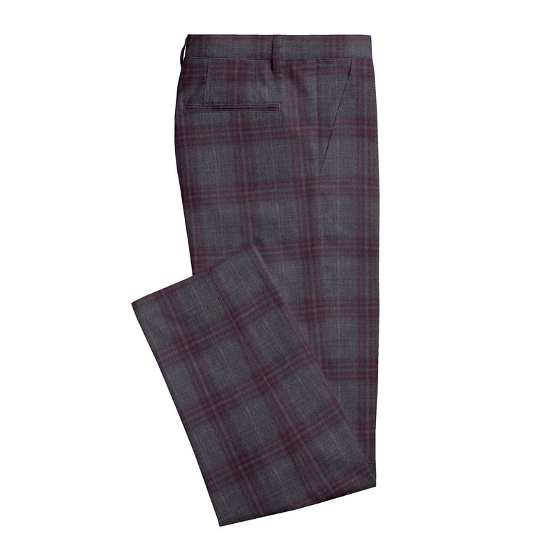 Image of a Grey & Maroon Worsted Checks Merino Wool Pants Fabric