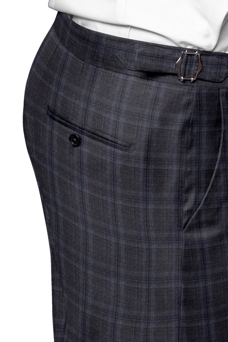Image of a Grey & Mid-Blue Worsted Checks Merino Wool Suiting Fabric