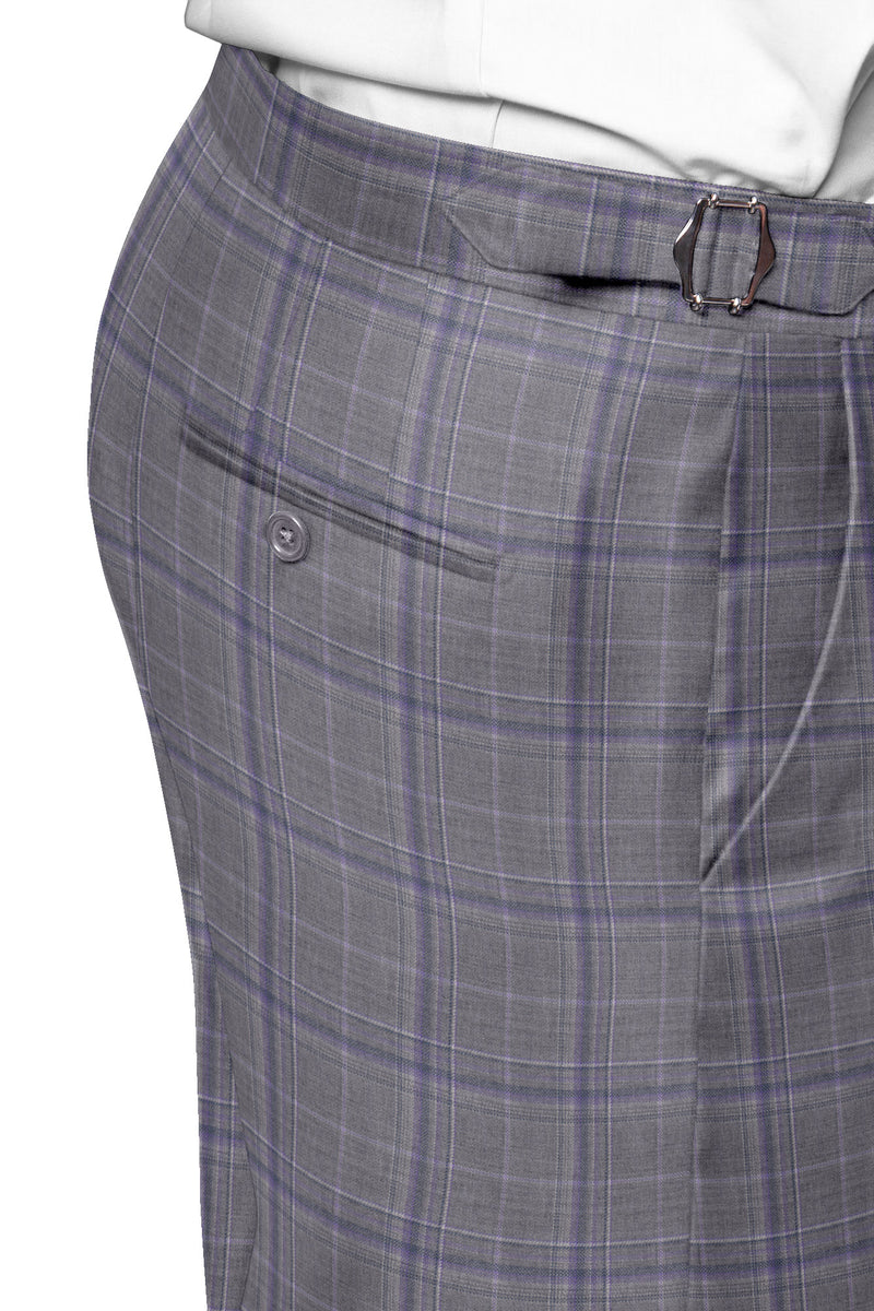 Image of a Grey & Purple Worsted Checks Merino Wool Suiting Fabric