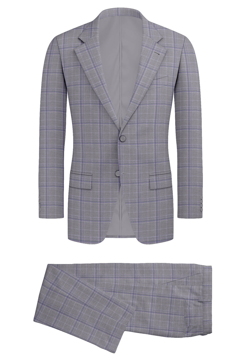 Image of a Grey & Purple Worsted Checks Merino Wool Suiting Fabric
