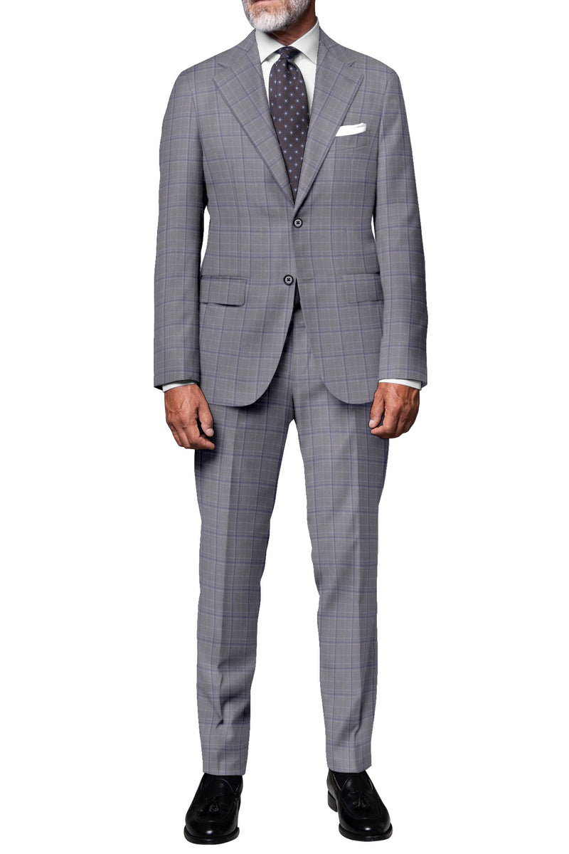Image of a Grey & Purple Worsted Checks Merino Wool Suiting Fabric
