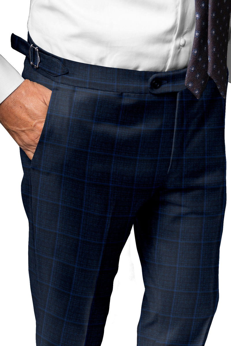 Image of a Midnight-Blue & Blue Worsted Checks Merino Wool Pants Fabric
