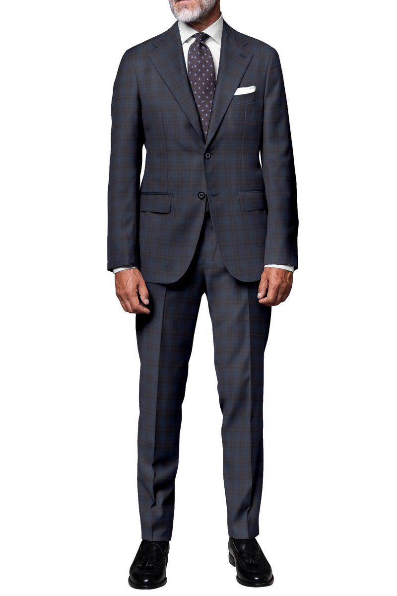 Image of a Midnight-Blue & Brown Worsted Checks Merino Wool Blazers Fabric