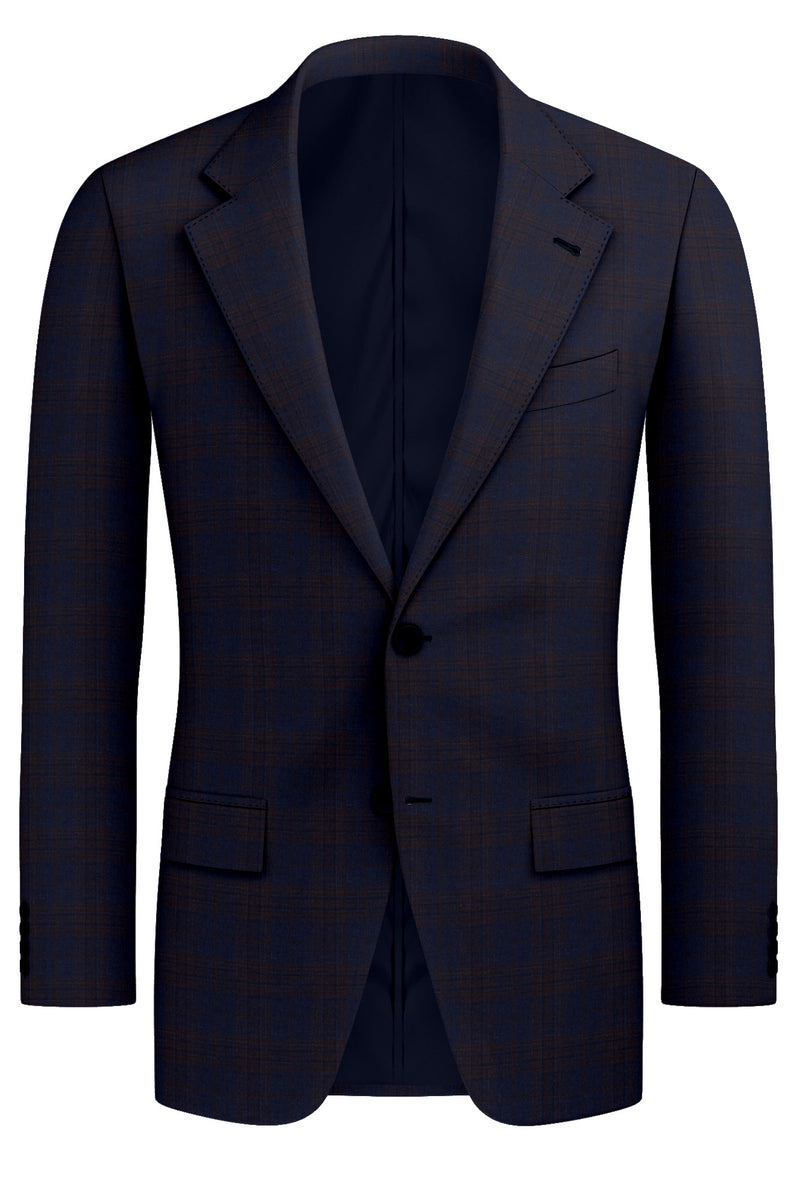 Image of a Midnight-Blue & Brown Worsted Checks Merino Wool Blazers Fabric