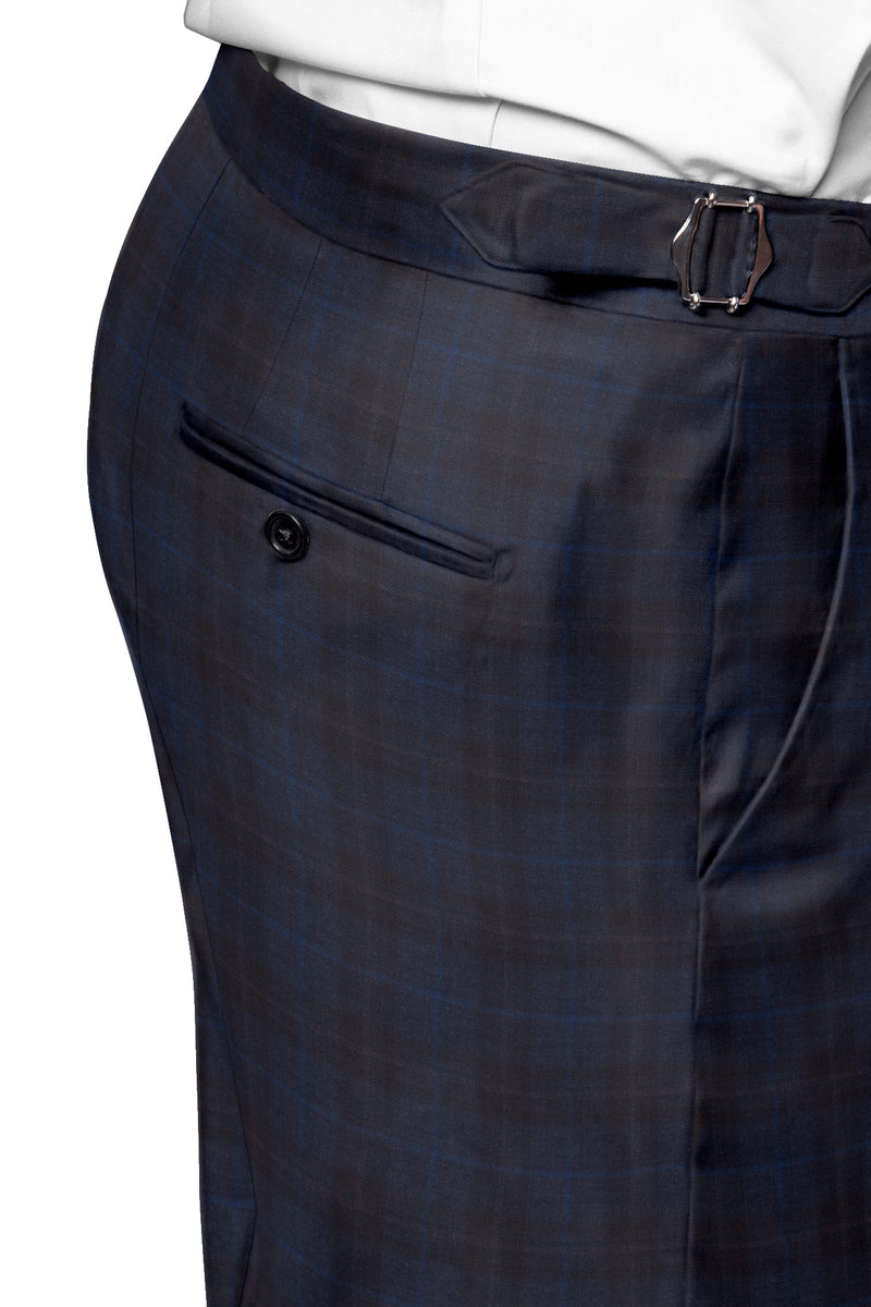 Image of a Midnight-Blue & Brown Worsted Checks Merino Wool Pants Fabric