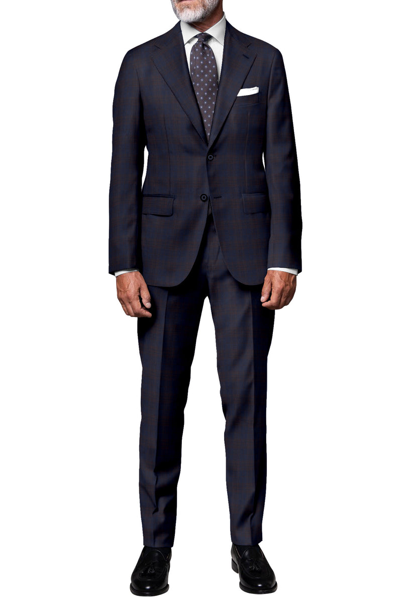 Image of a Midnight-Blue & Brown Worsted Checks Merino Wool Pants Fabric