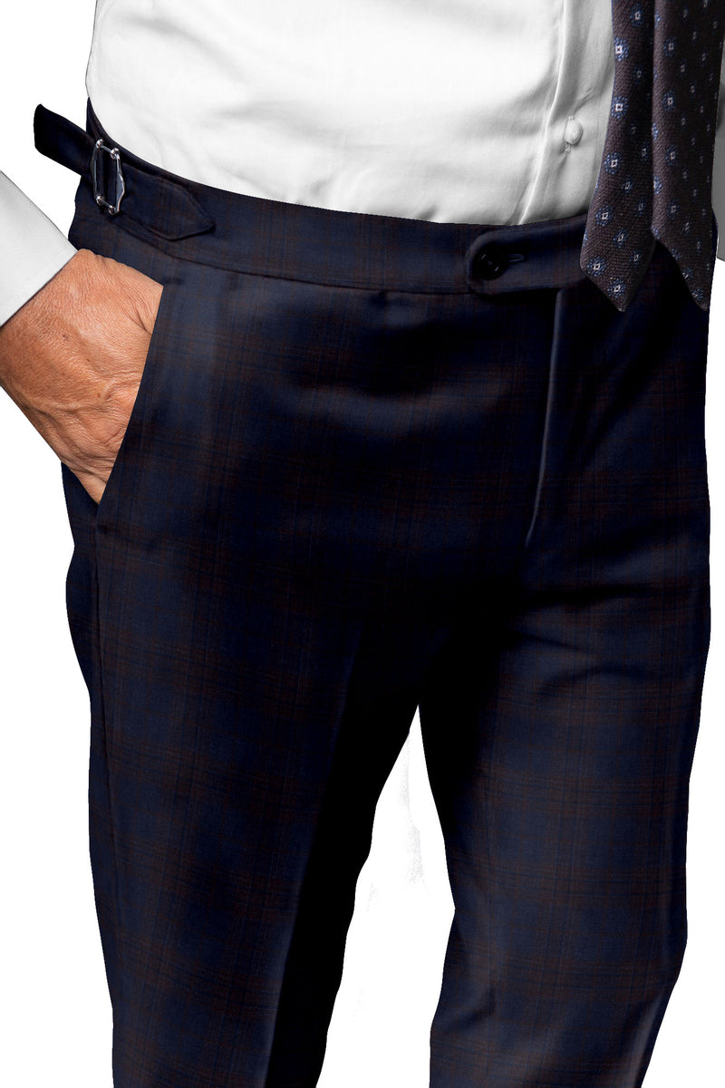 Image of a Midnight-Blue & Brown Worsted Checks Merino Wool Pants Fabric