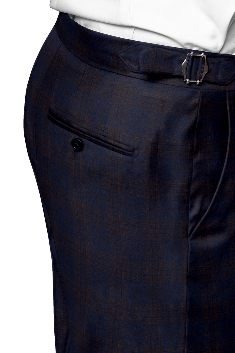 Image of a Midnight-Blue & Brown Worsted Checks Merino Wool Pants Fabric