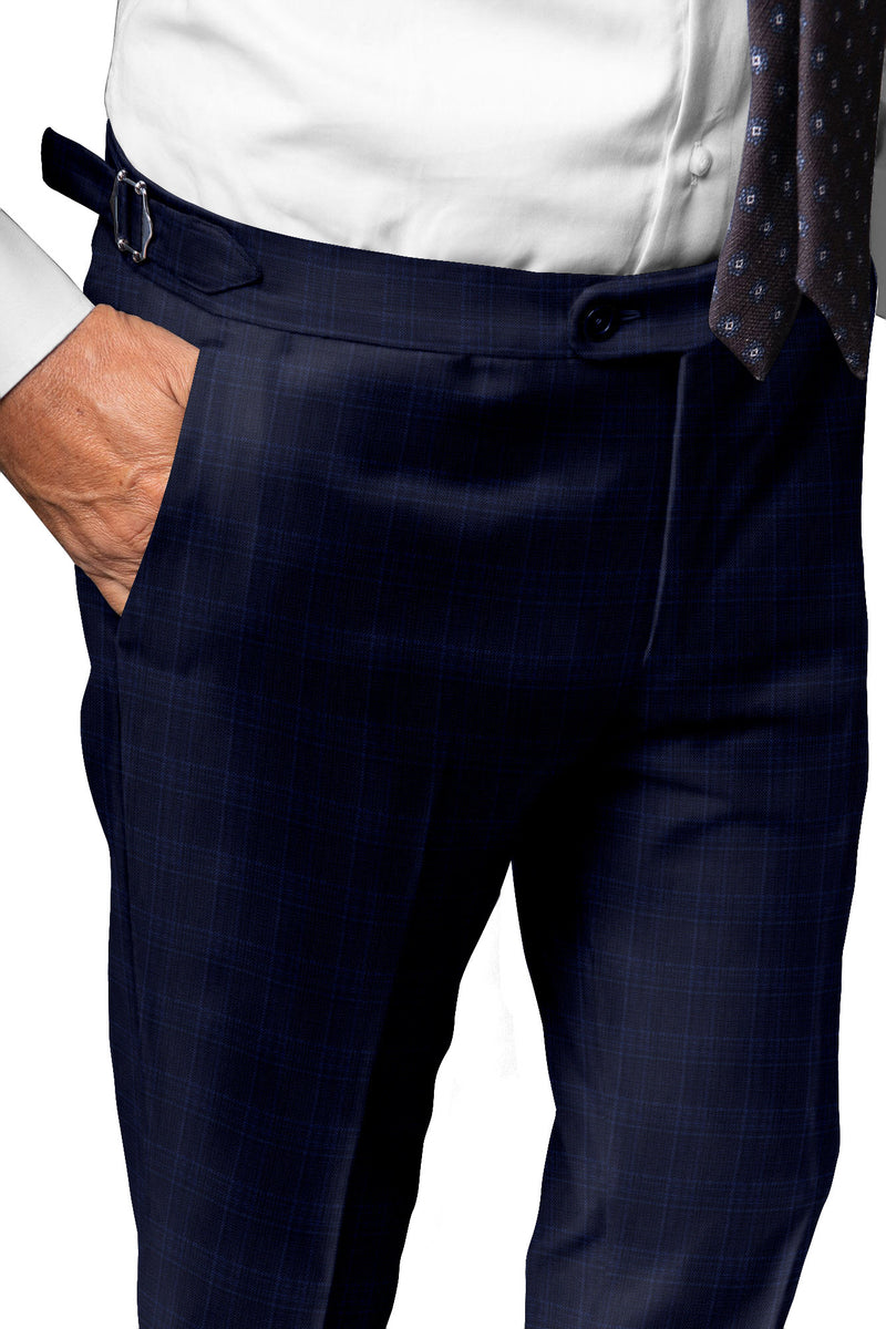 Image of a Midnight-Blue & White Worsted Checks Merino Wool Pants Fabric