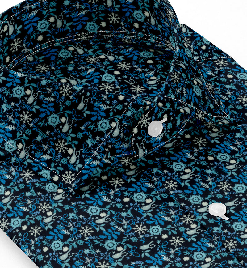 Image of a Navy-Blue & Blue Satin Prints Giza Cotton Shirting Fabric