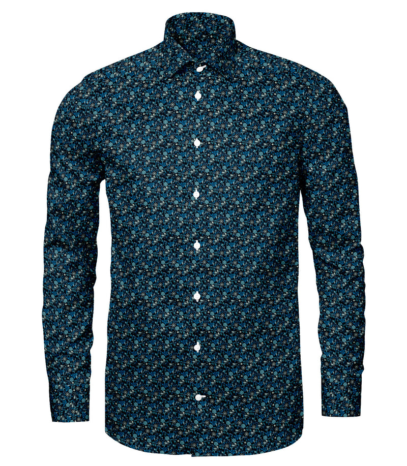 Image of a Navy-Blue & Blue Satin Prints Giza Cotton Shirting Fabric