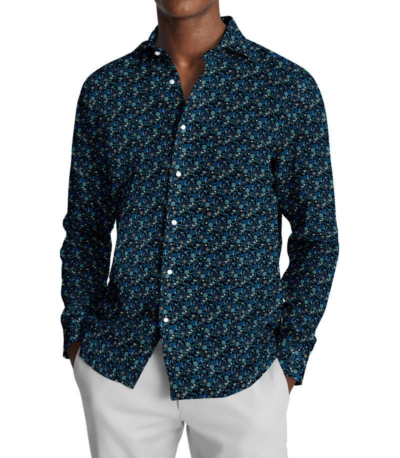 Image of a Navy-Blue & Blue Satin Prints Giza Cotton Shirting Fabric