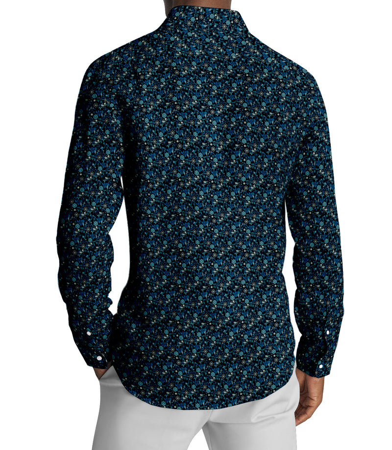 Image of a Navy-Blue & Blue Satin Prints Giza Cotton Shirting Fabric
