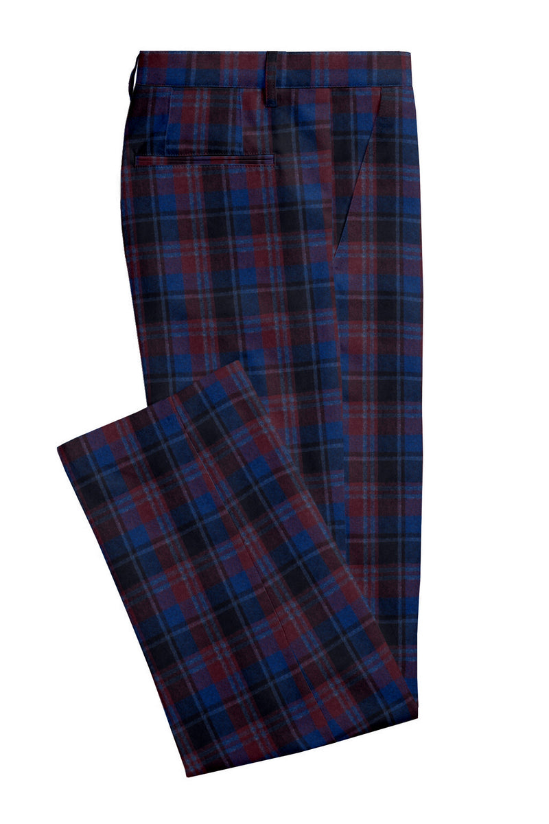 Image of a Navy-Blue & Burgundy Flannel Checks Merino Wool Pants Fabric