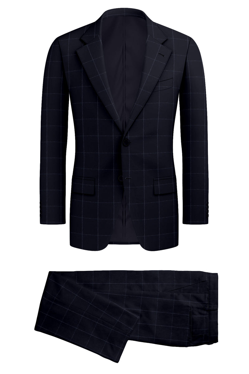 Image of a Navy-Blue & Silver Flannel Checks Merino Wool Suiting Fabric